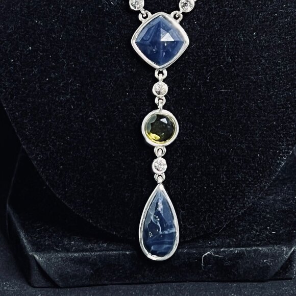 Silver Tone Lariat Neccklace With Blue Green And Yellow Faceted Crystals (5376) - Picture 3 of 5